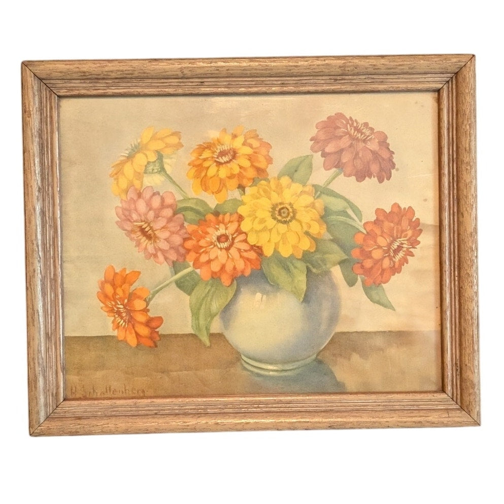 Antique Huibert Schallenberg Signed Botanical 'Mums' Wood Framed Print
