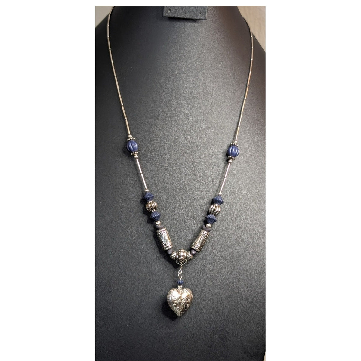 Etched Silver Tone Puffed Heart Dangle Pendant Blue Bead Bugle Bead 24" Necklace