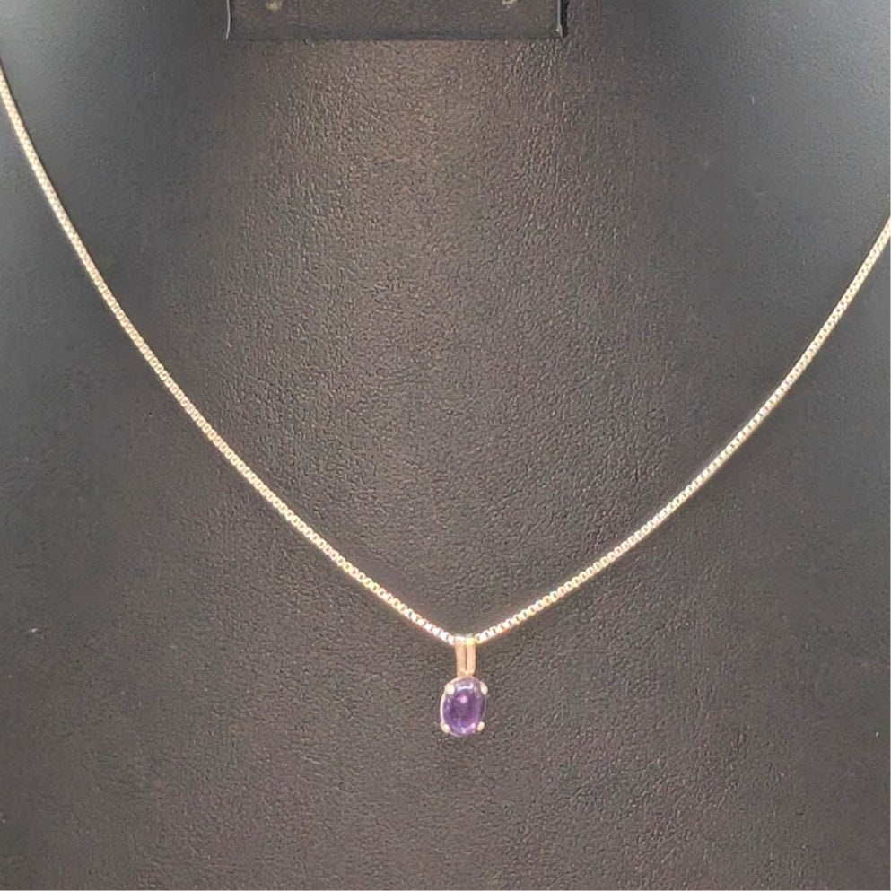 Vintage Sterling Silver Amethyst Cabochon Pendant Box Chain 16" Necklace