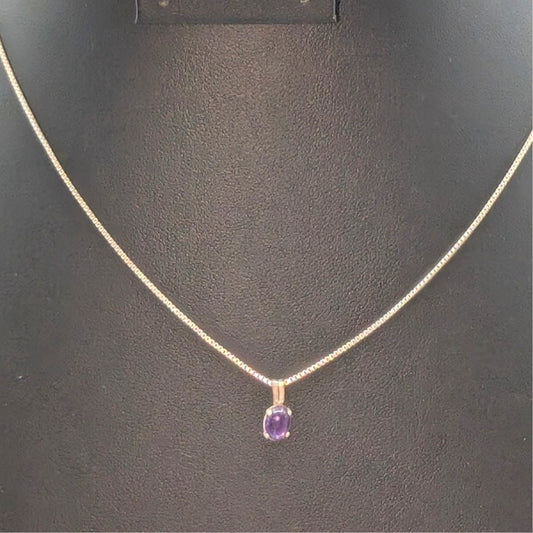 Vintage Sterling Silver Amethyst Cabochon Pendant Box Chain 16" Necklace