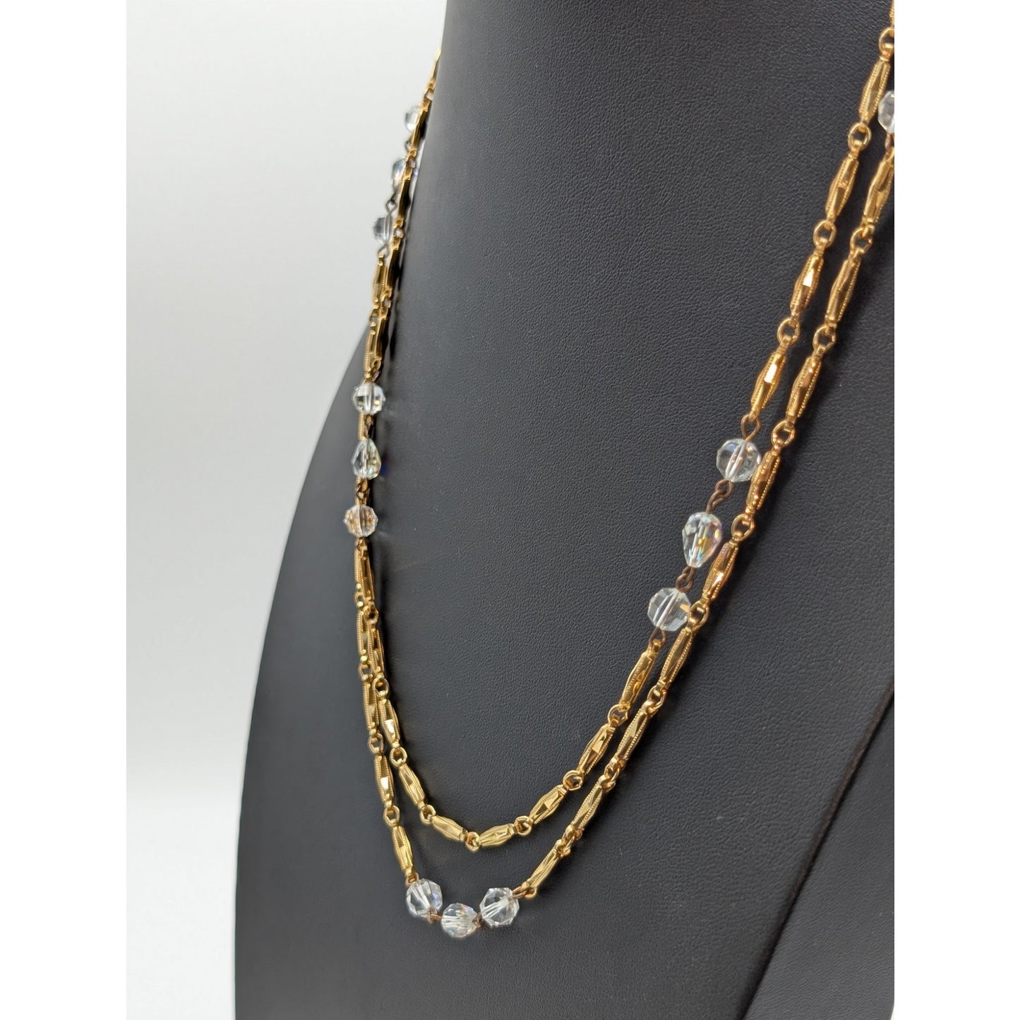 Vintage Glass Crystal Gold Tone Textured Chain Link 48" Long Strand Necklace