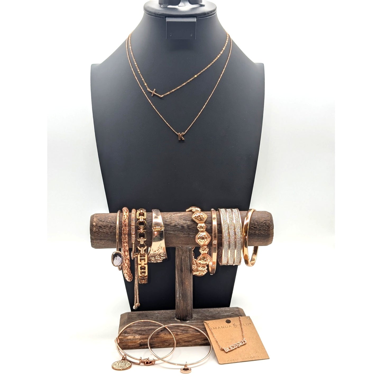 Rose Tone Jewelry Lot of Three Necklaces and Eleven Bracelets