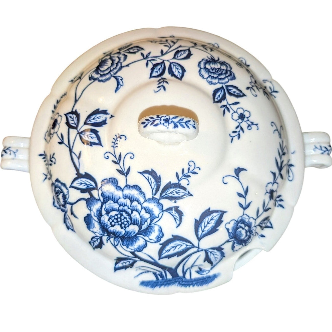 Vintage Blue Peony Japan Hand-painted Porcelain Soup Tureen Serving Bowl Mint