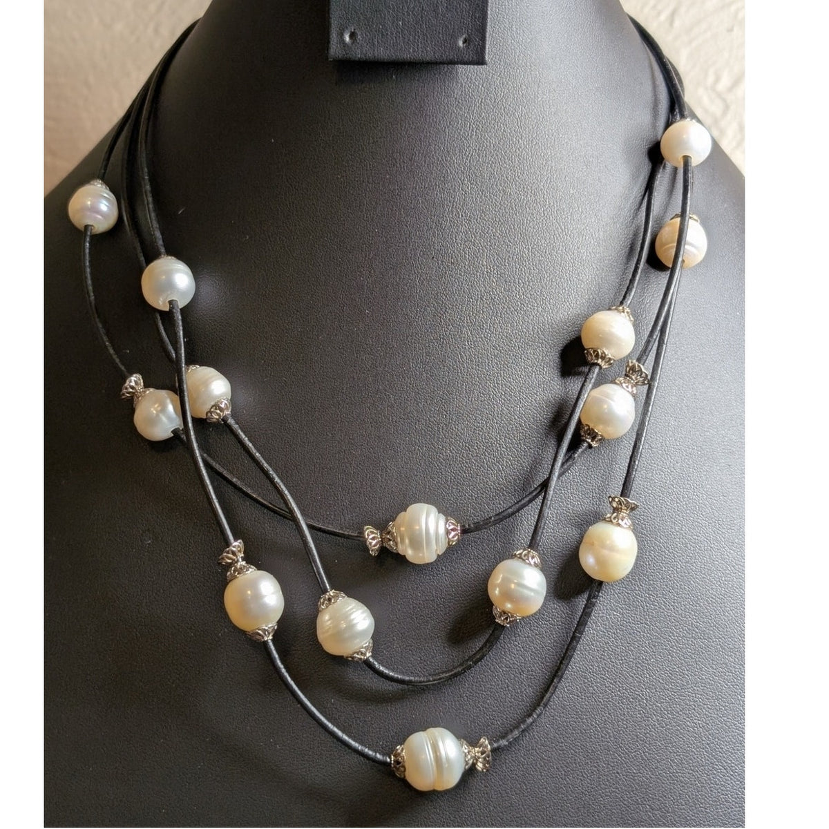 925 Sterling Three Strand Floating Genuine Freshwater Pearl Corded Necklace