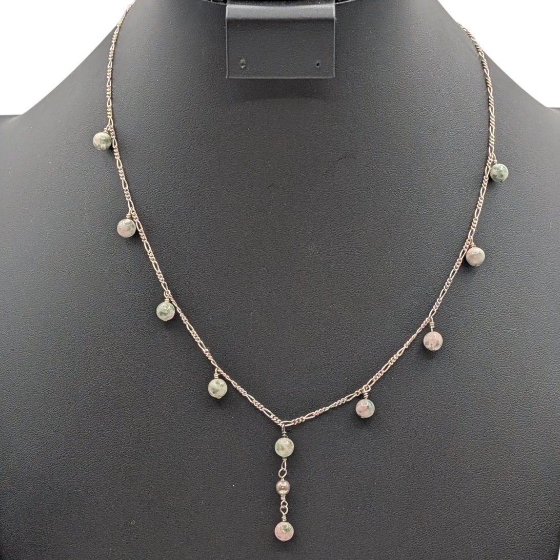 Vintage 925 Sterling Silver Unakite Dangle Bead Figaro Chain Link 19.5" Necklace