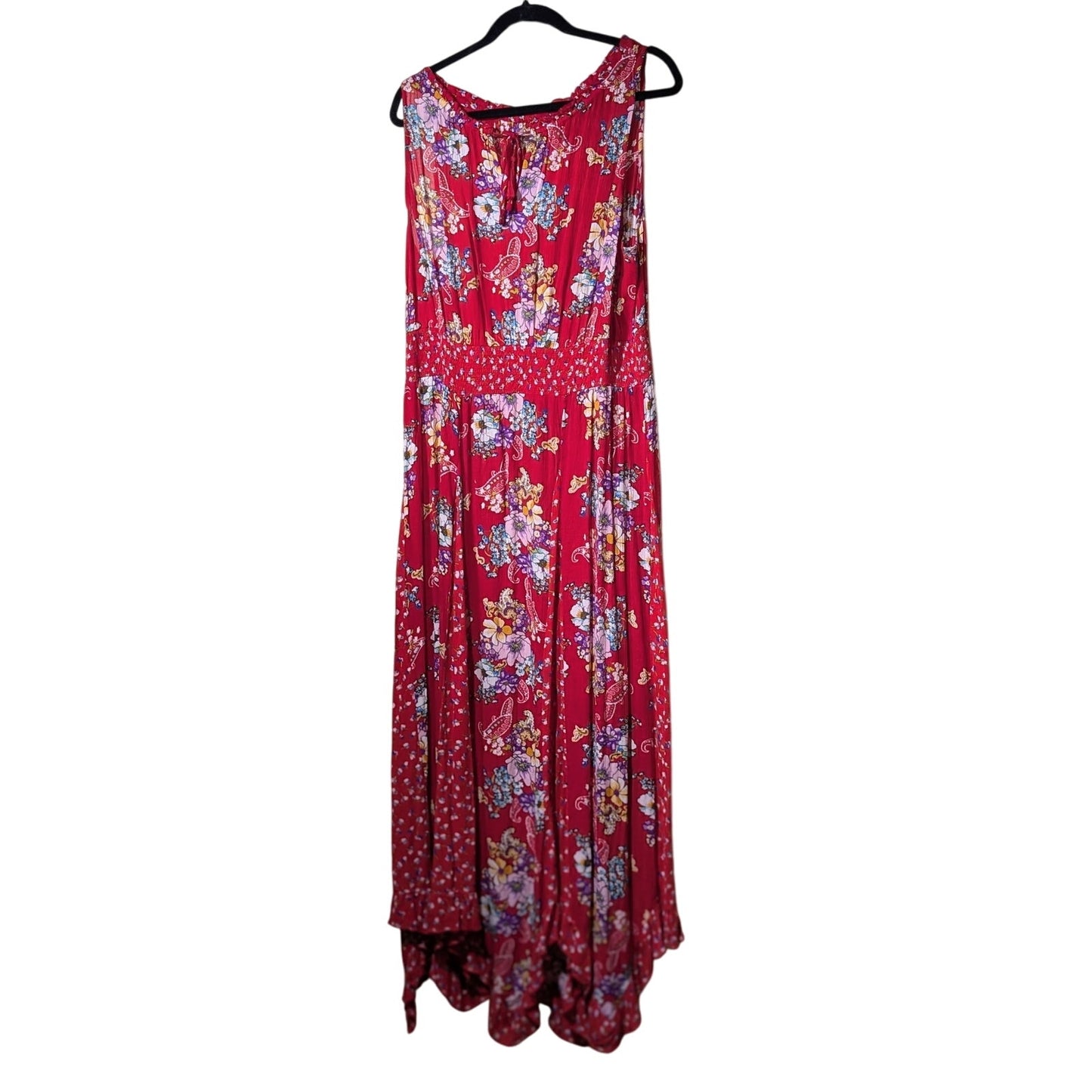 Bila Ruffled Smocked Boho Hippie Red Floral Maxi Dress Women's Size XL