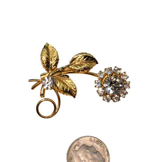 Vintage Gold Tone Clear Rhinestone Flower W/ Leaves Brooch