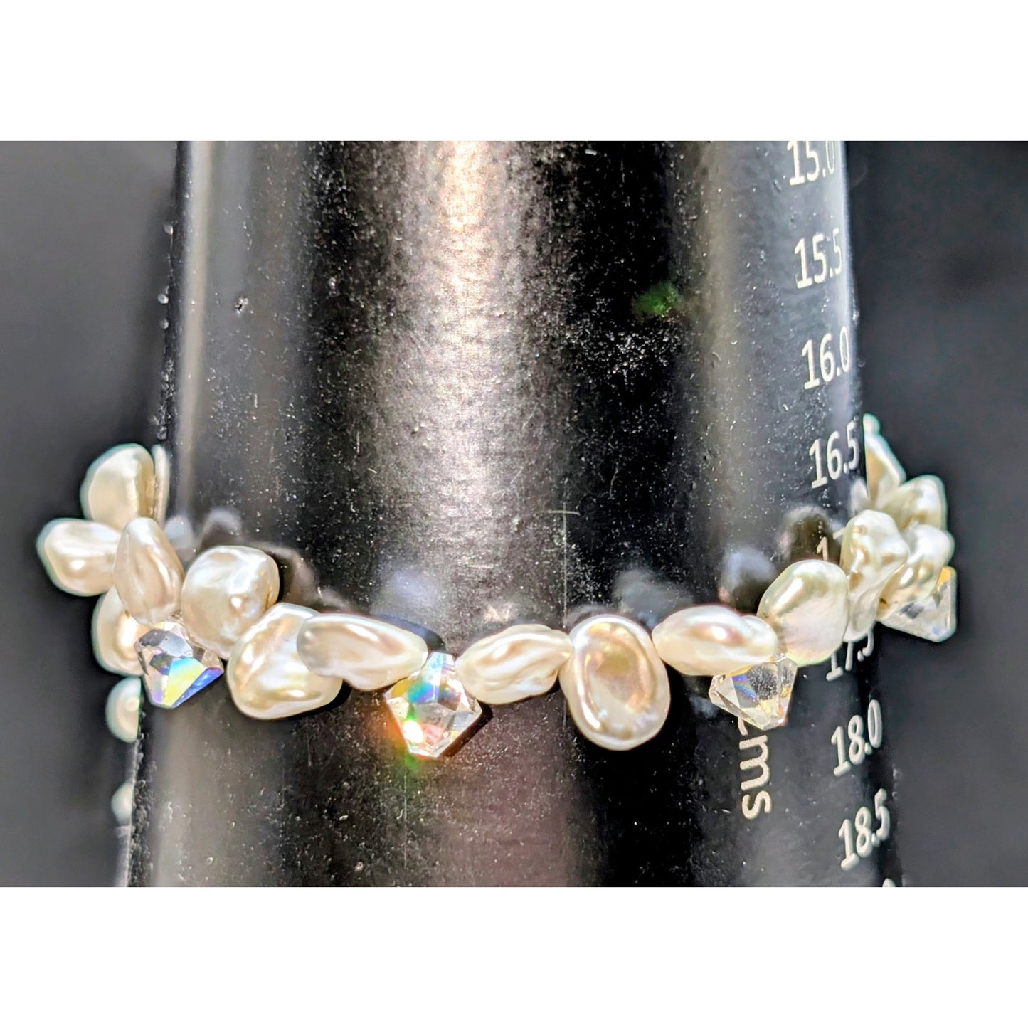 925 Sterling Silver Genuine Pearl Austrian AB Crystal W/ Dangles Bracelet