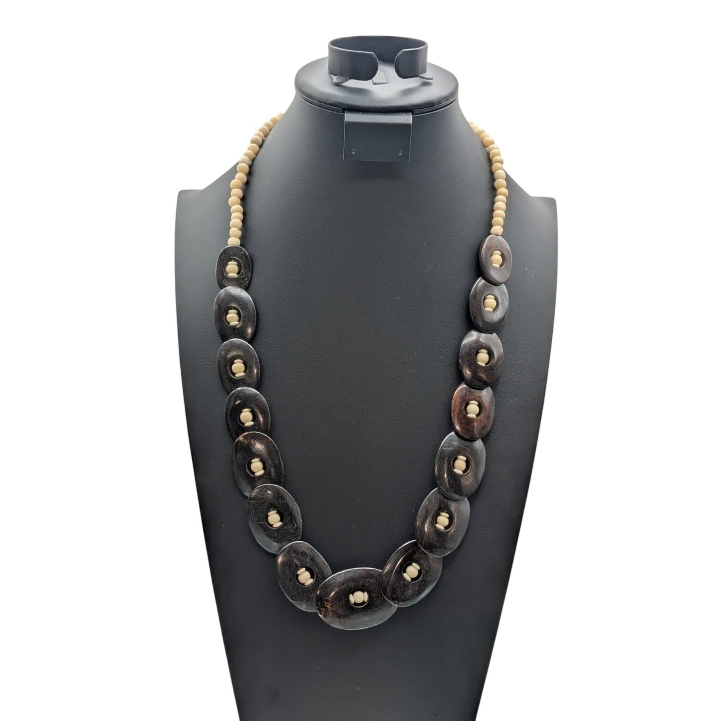 Vintage Tribal Coconut Shell Bone Bead 29" Necklace W/ Hook Clasp