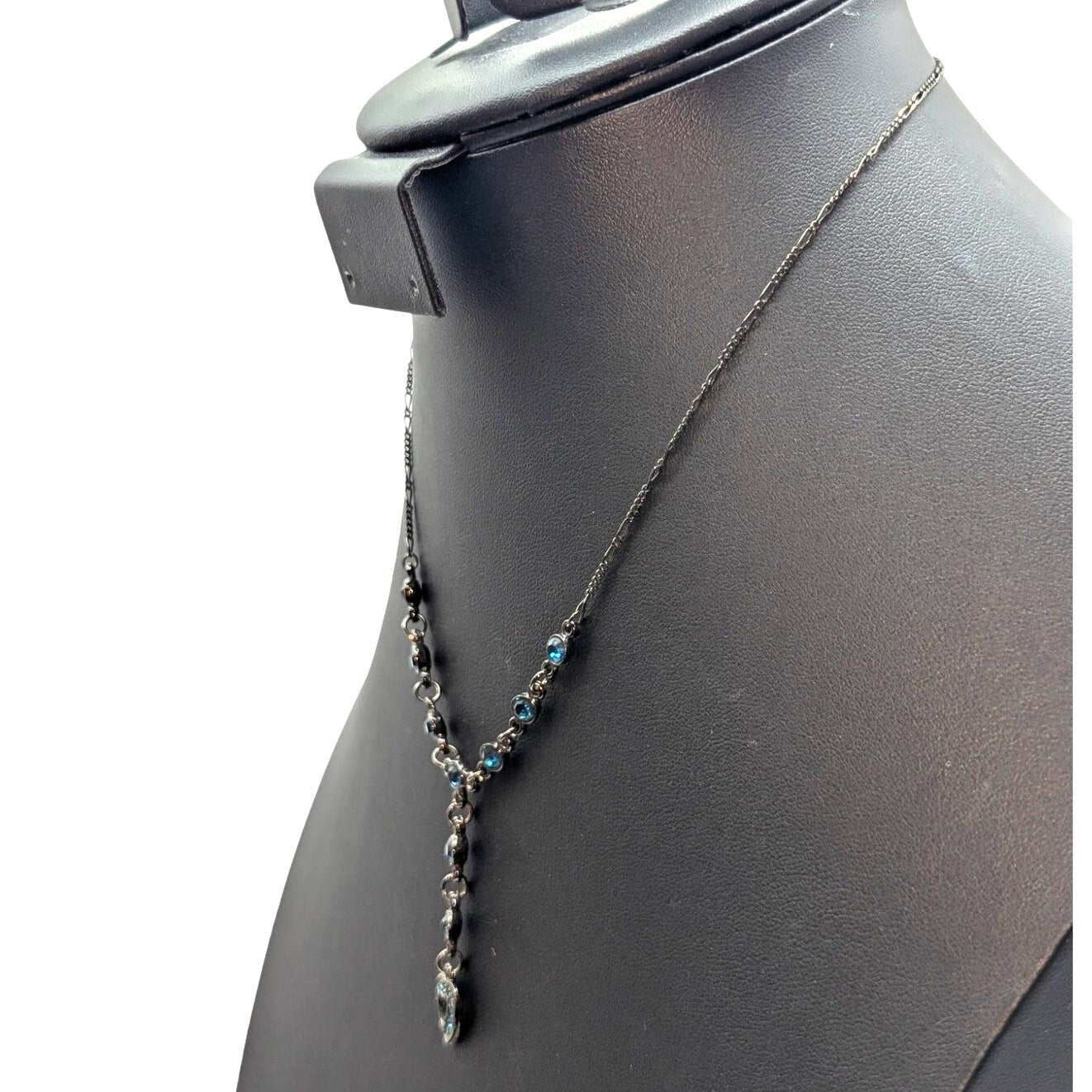 Gun Metal 'Y' Drop Blue Austrian Crystal U.S.A. Heart Chain 16" Necklace