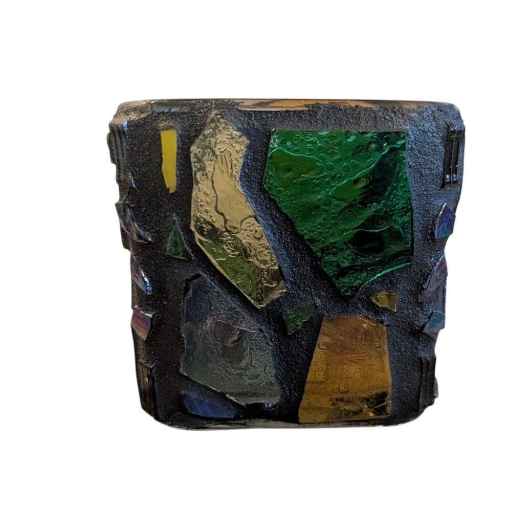 Vintage Mid-Century Brutalist Made in Mexico Stained Glass Mosaic Candle Holder