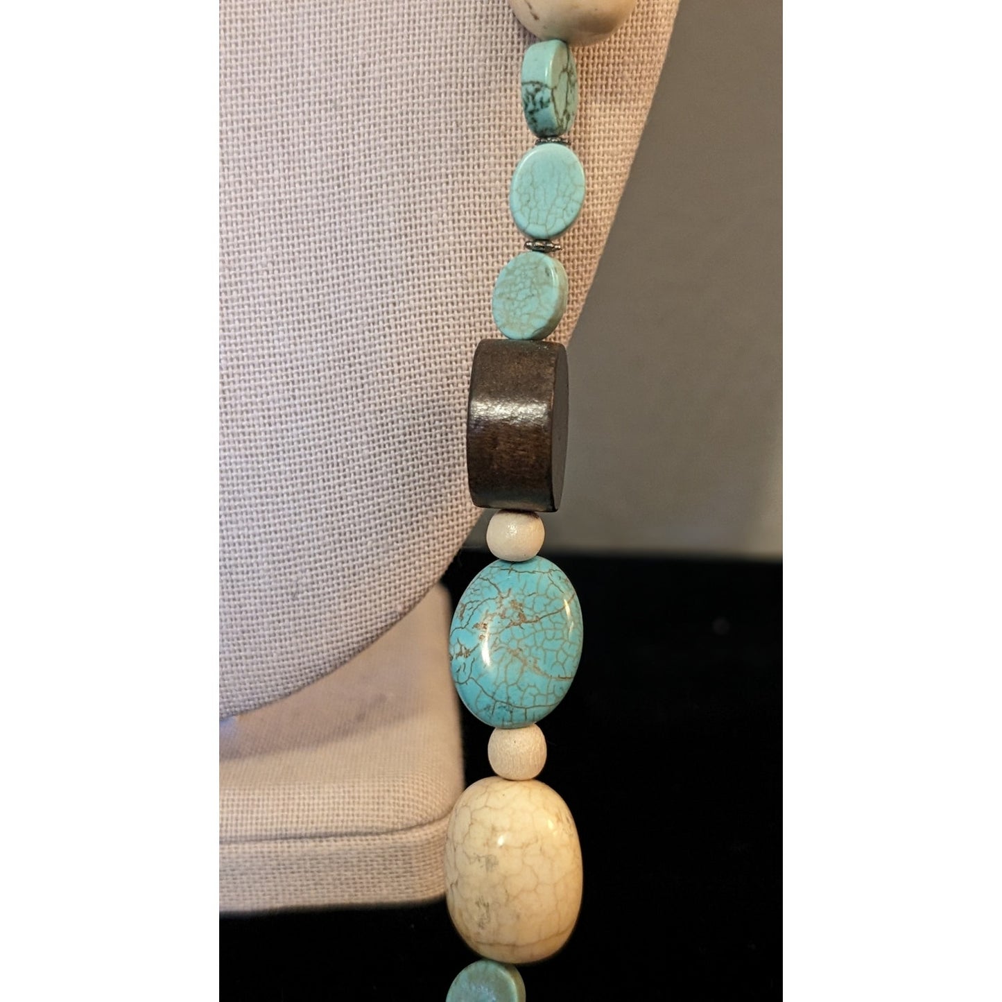 Round Wood Round Blue & Cream Howlite 36" Beaded Toggle Clasp Necklace