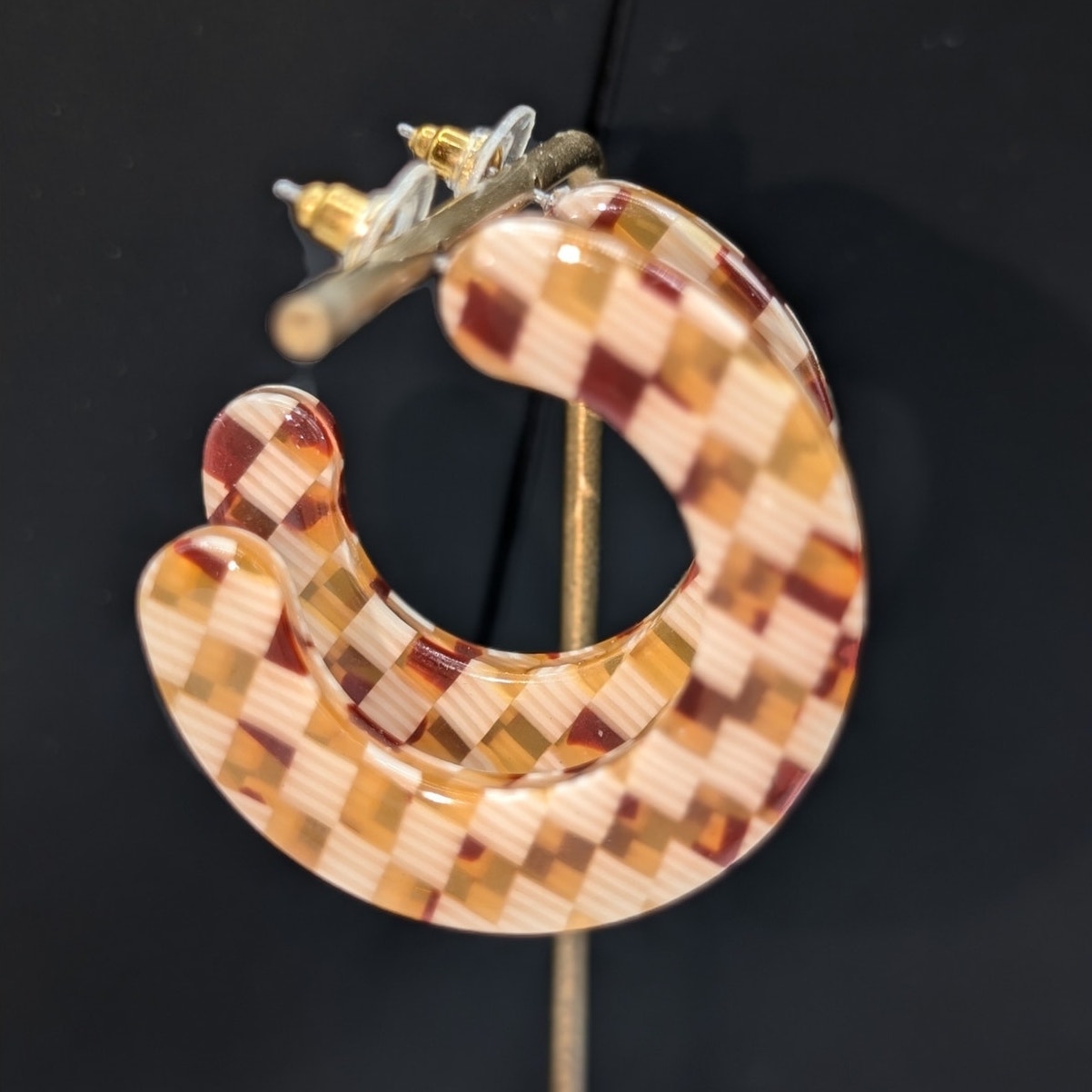 Tortoise Checkerboard Acrylic Half 1.75" Hoop Earrings