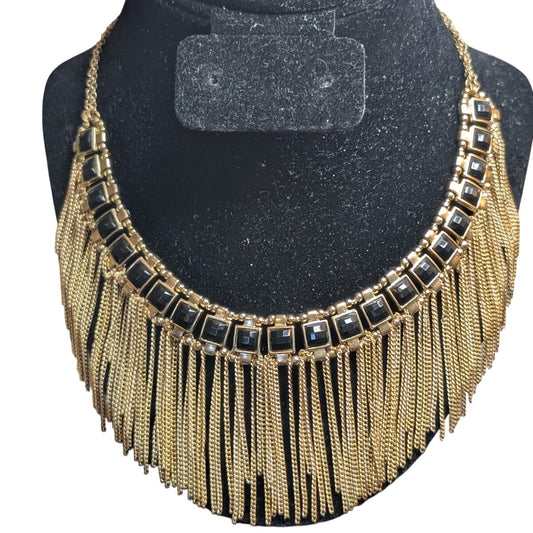 Gold Tone Beaded Chain Fringe Collar 16"-18" Necklace