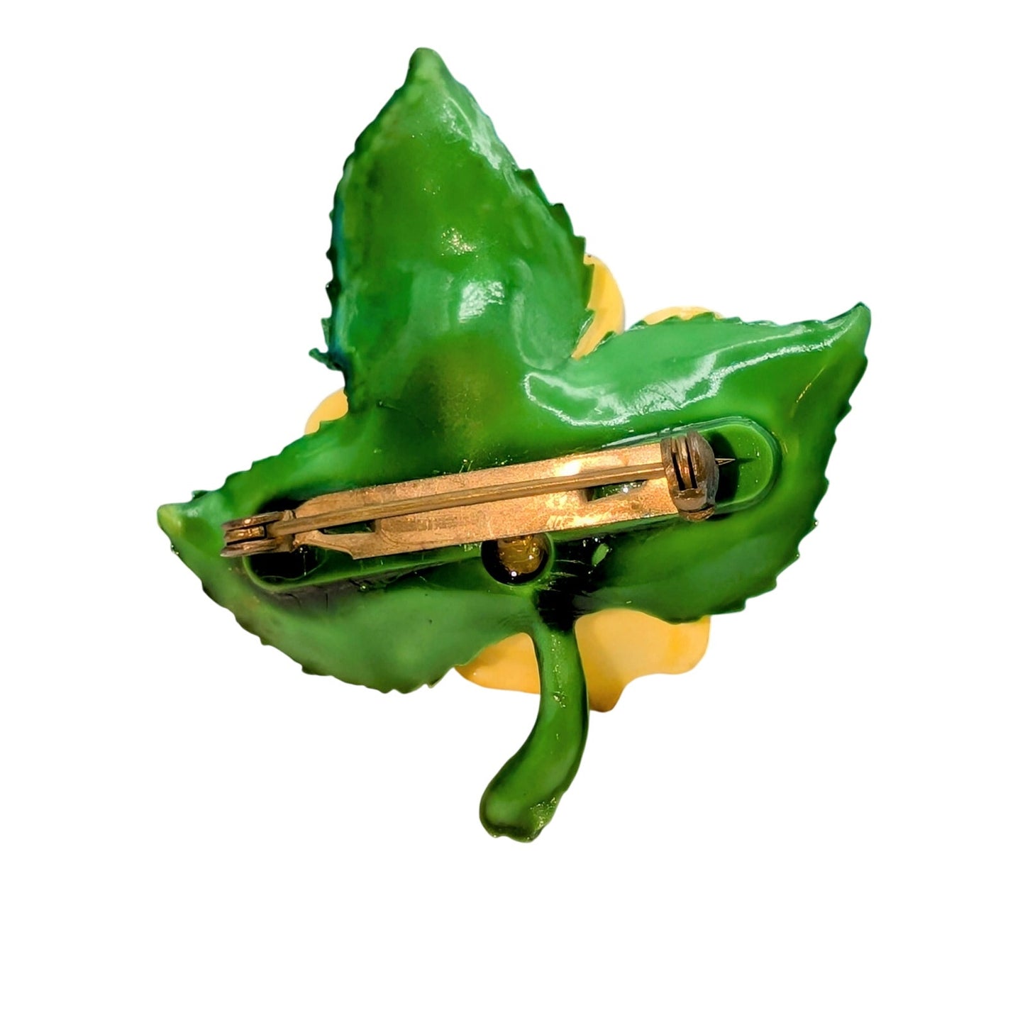 Vintage Yellow Rose Green Leaves Plastic Flower Brooch