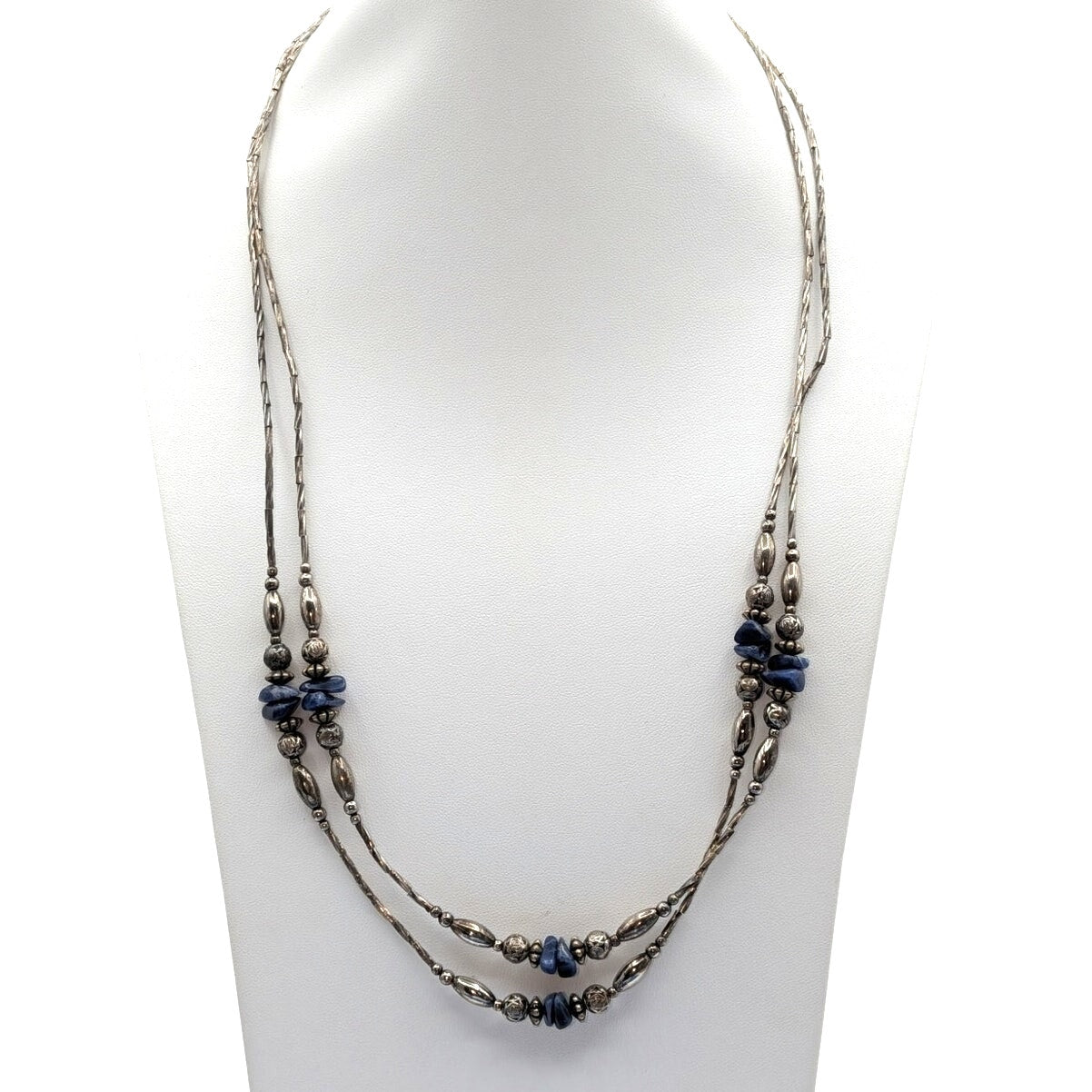 Vintage Twisted Liquid Silver Blue Stone Chip Bead Double Strand 24.5" Necklace