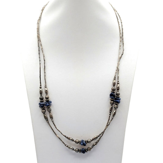 Vintage Twisted Liquid Silver Blue Stone Chip Bead Double Strand 24.5" Necklace