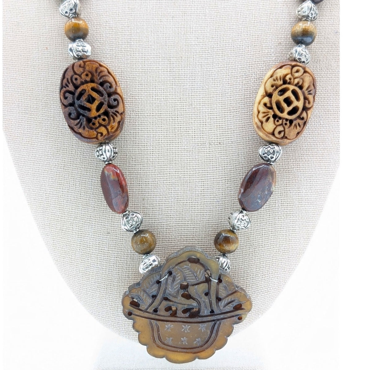 Silver Tone Jasper & Tiger's Eye Carved Resin & Carved Stone Pendant Necklace
