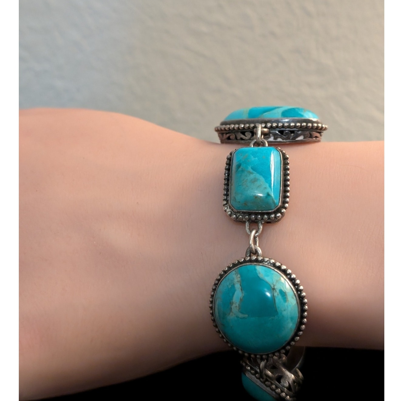 Barse Heavy Chunky 925 Sterling Silver Turquoise Chain Toggle Clasp Bracelet