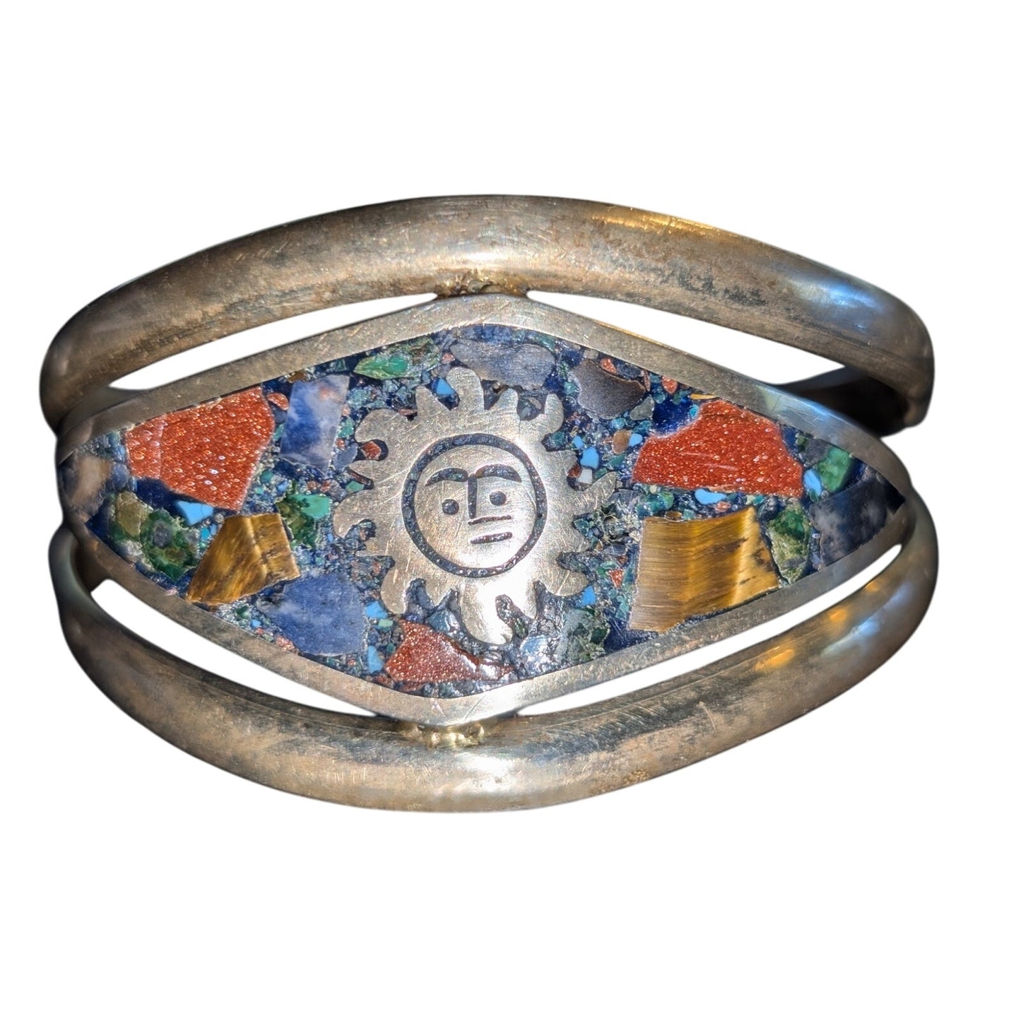 Vintage Mexico Brass Turquoise Tiger Eye Goldstone Inlay Sun Cuff Bracelet