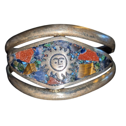 Vintage Mexico Brass Turquoise Tiger Eye Goldstone Inlay Sun Cuff Bracelet