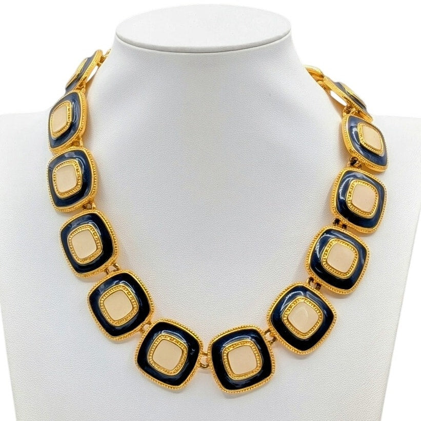 Vintage 80s Chunky Navy Cream Enamel Gold Tone Chain Fold Over Clasp Necklace
