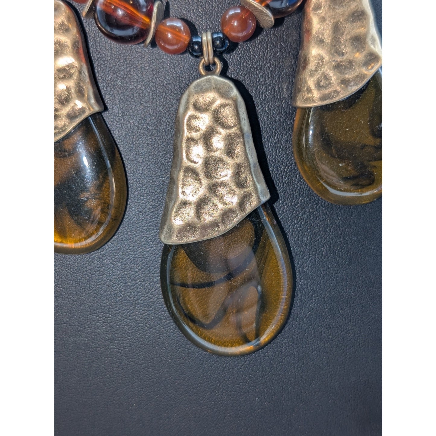 Gold Tone Three Large Amber Look Lucite Teardrop Dangles Beaded Chain Necklace