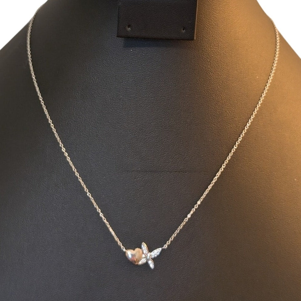 LA CN 925 Sterling Silver Two Tone Heart & CZ Butterfly 16"-18" Necklace