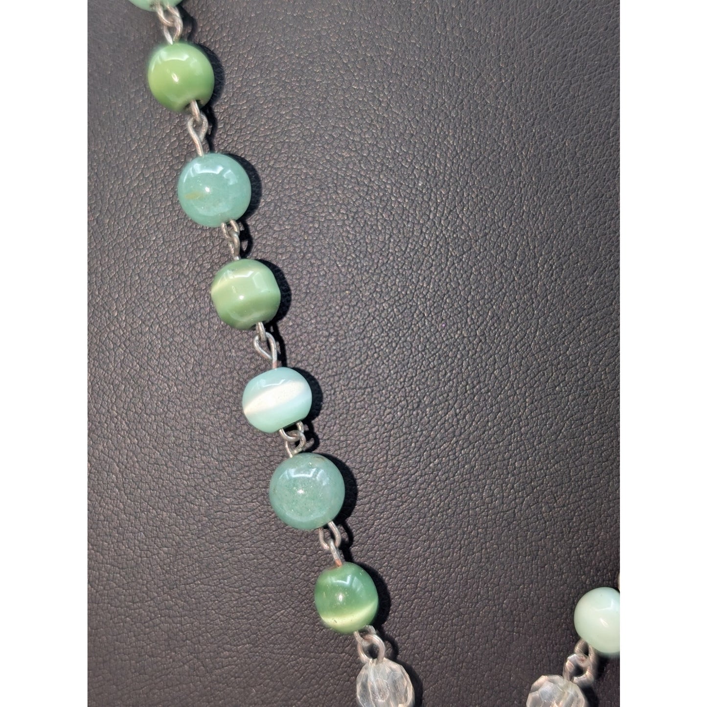 Green Stone Cat's Eye Crystal Bead Rosary Style Chain Y-Drop Toggle 23" Necklace