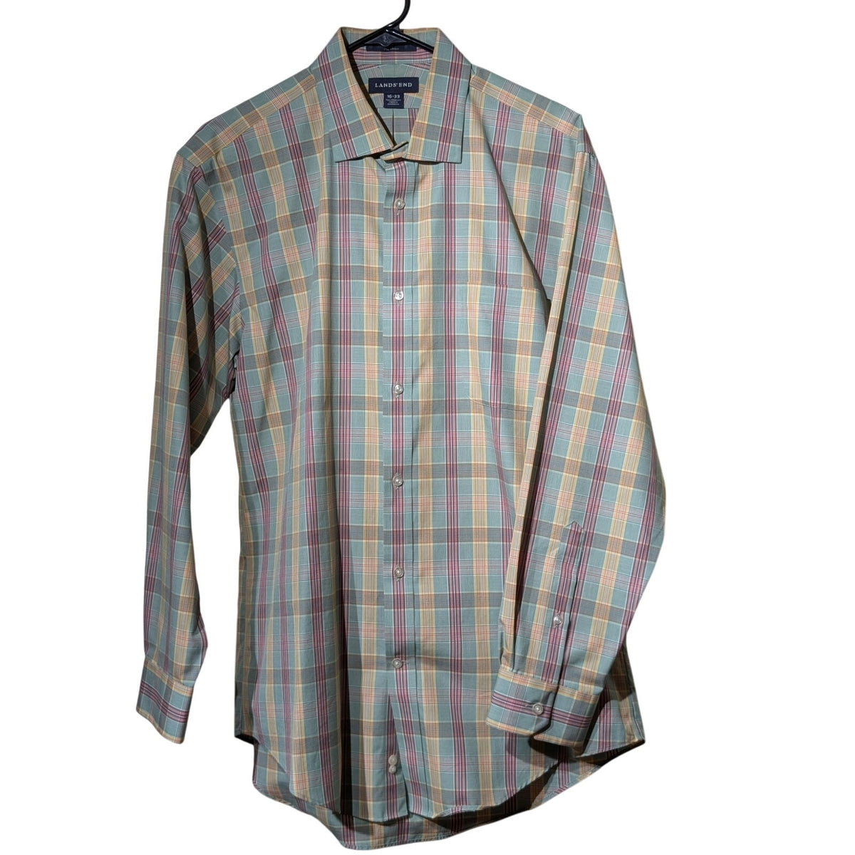 Lands' End Mint Plaid No Iron Tailored Fit Button Front Mens' Size 16-33 Shirt