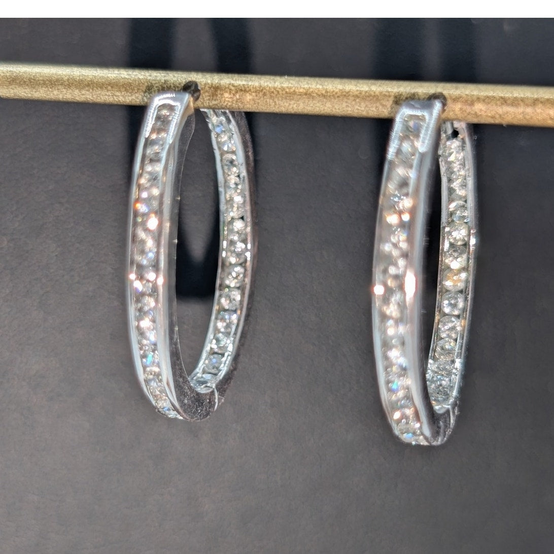 Silver Tone Non Magnetic CZ In and Out Oval Huggie Hoop Earrings