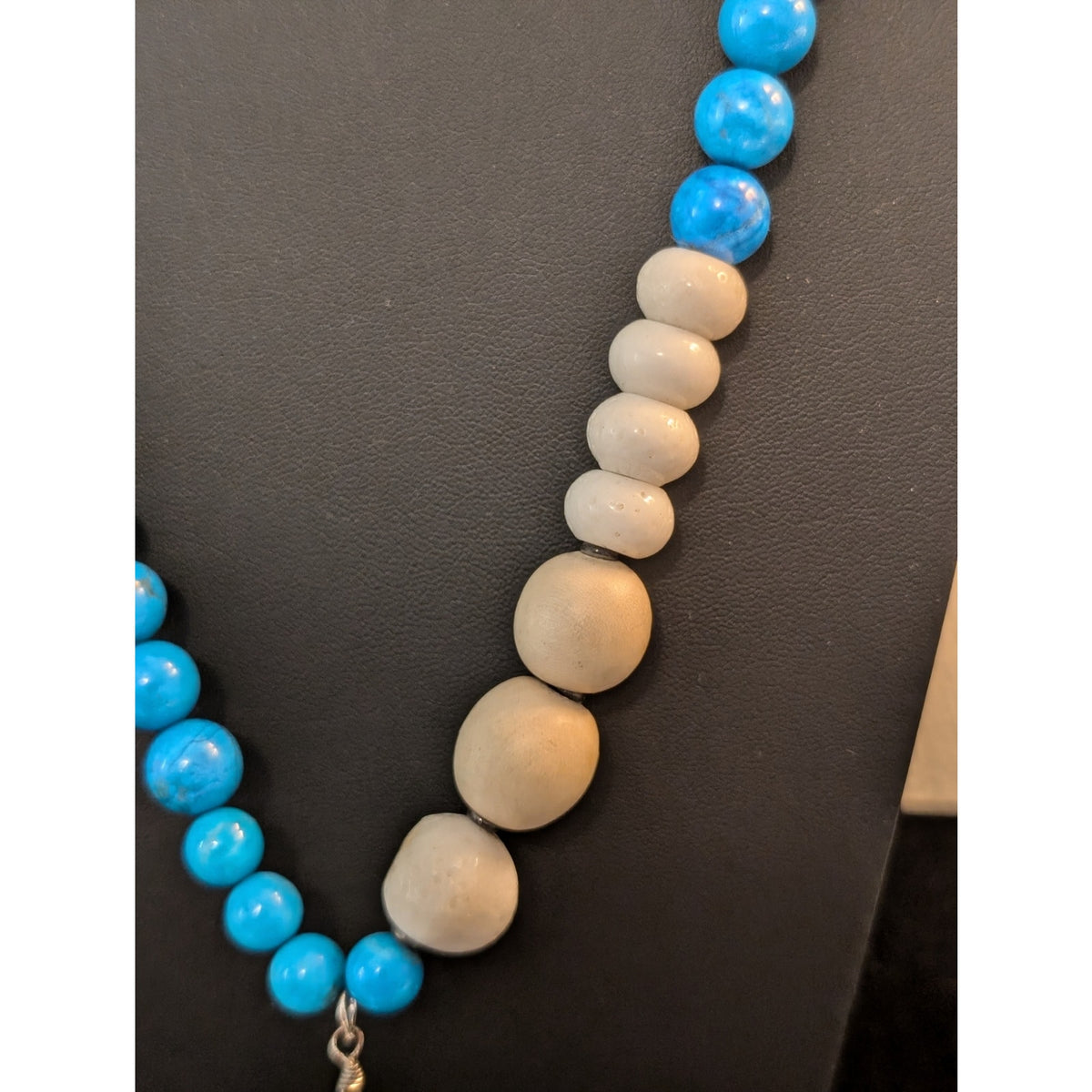 Blue Stone Agate Wood Pendant Boho Long 32"-34" Necklace