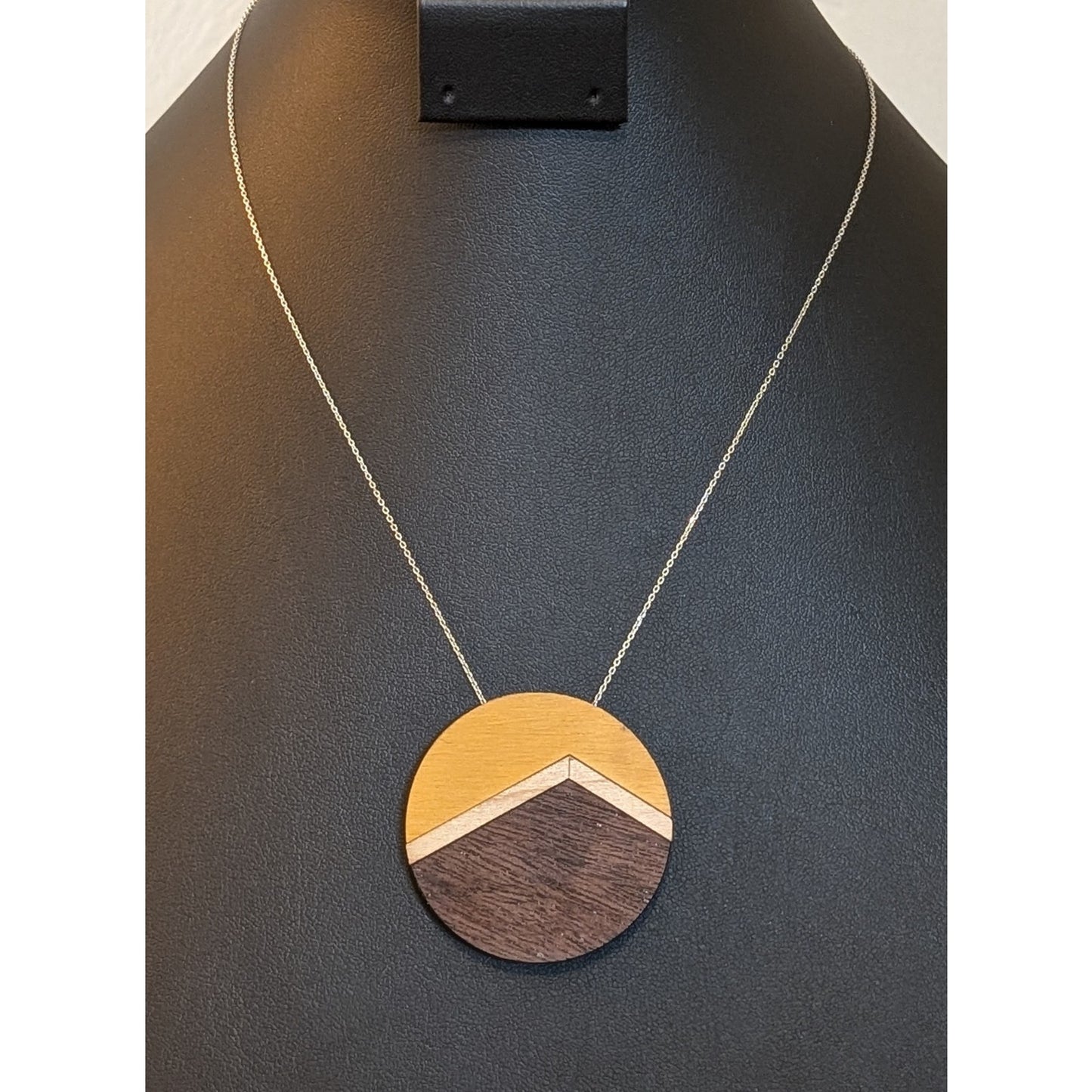 925 Italy Sterling Silver Chain & Wood Inlay Pendant 17.5" Necklace