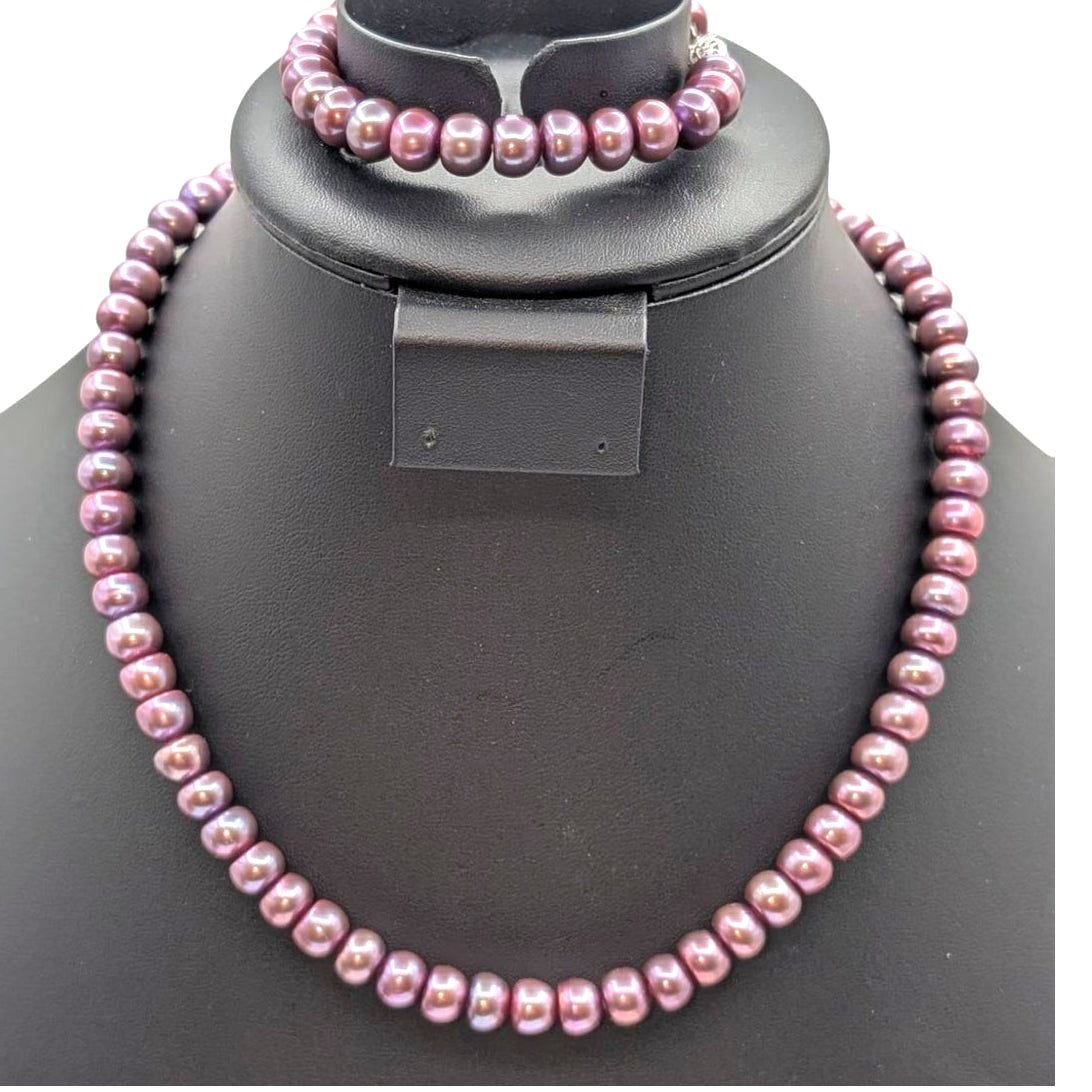 Vintage Mauve 8mm Freshwater Button Pearl 925 Sterling Silver Jewelry Set