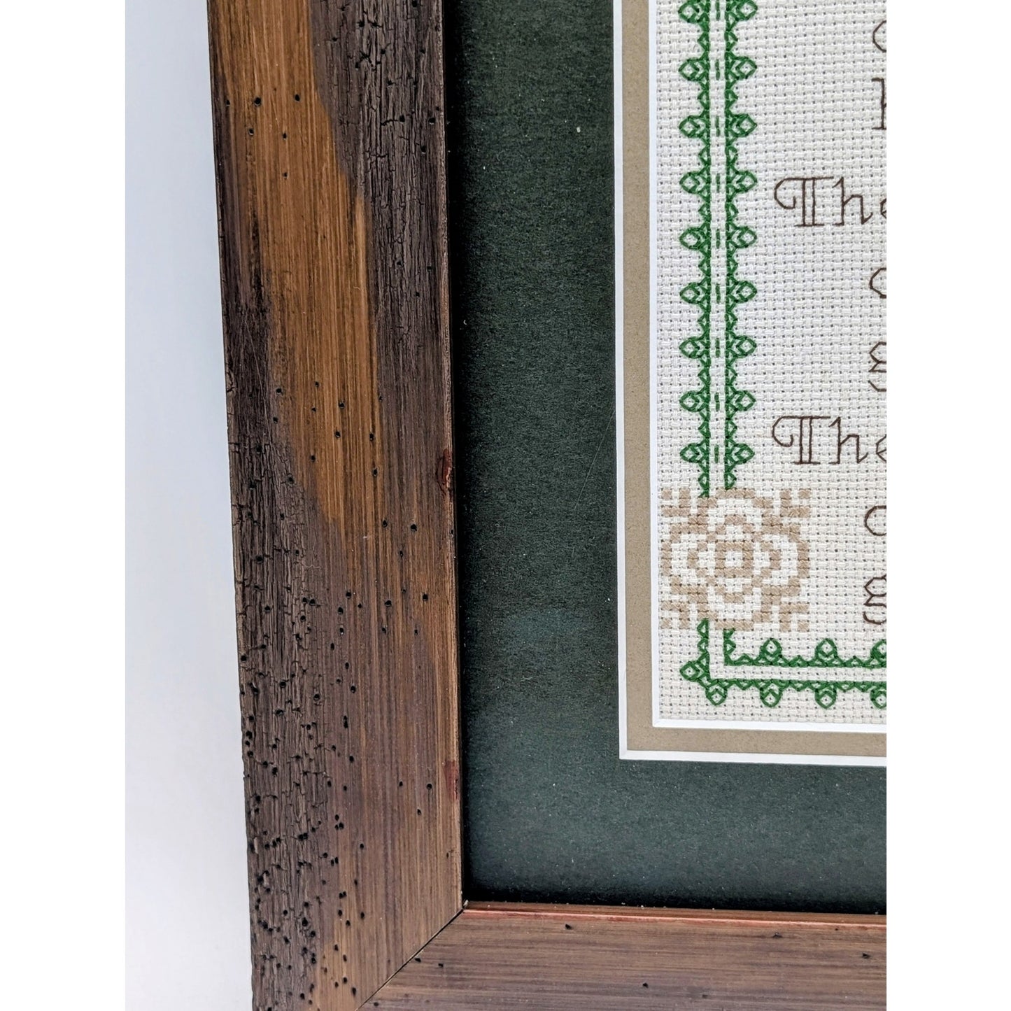 Wood Framed Under Glass Green Mat Blue Bird Christmas Prayer Cross Stitch