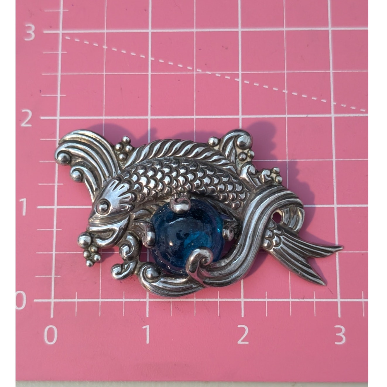 Rare VTG Los Castillo Taxco Sterling Silver Blue Glass Fish in Waves Brooch