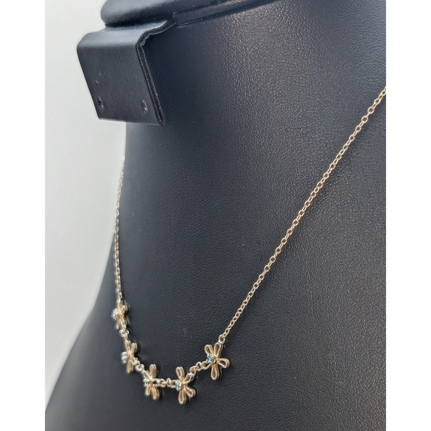 925 Sterling Silver Blue Topaz Five Flower Delicate Chain 16" Necklace