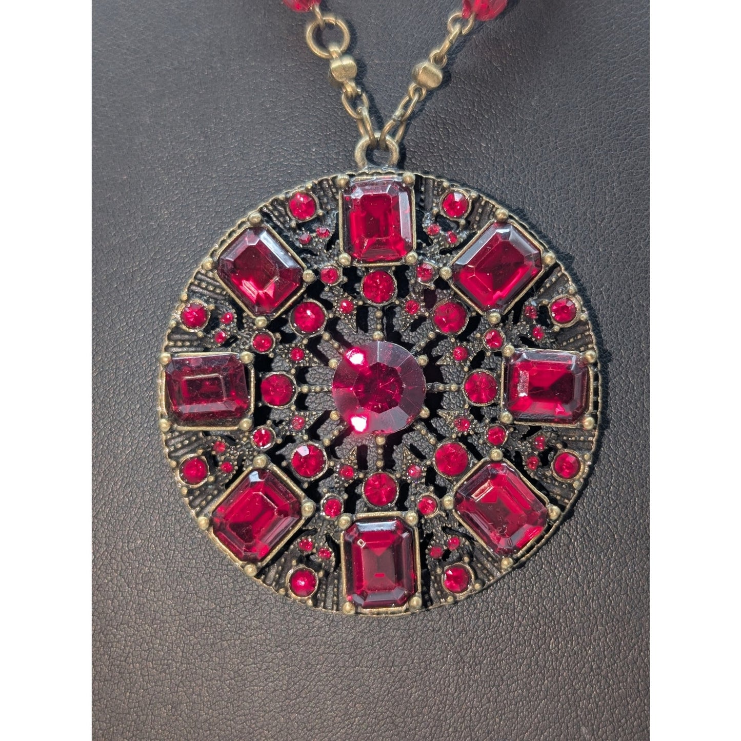 Antiqued Bronze Metal & Red Crystal Medallion Pendant Chain 16.5"-19" Necklace