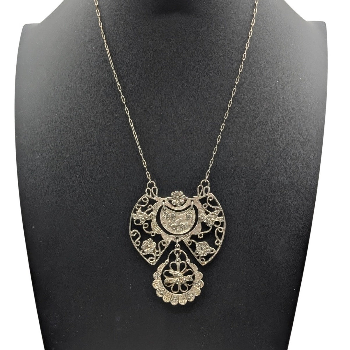 Vtg/Antique Silvertone Large Dangle Bird Floral Marcasite Pendant Chain Necklace
