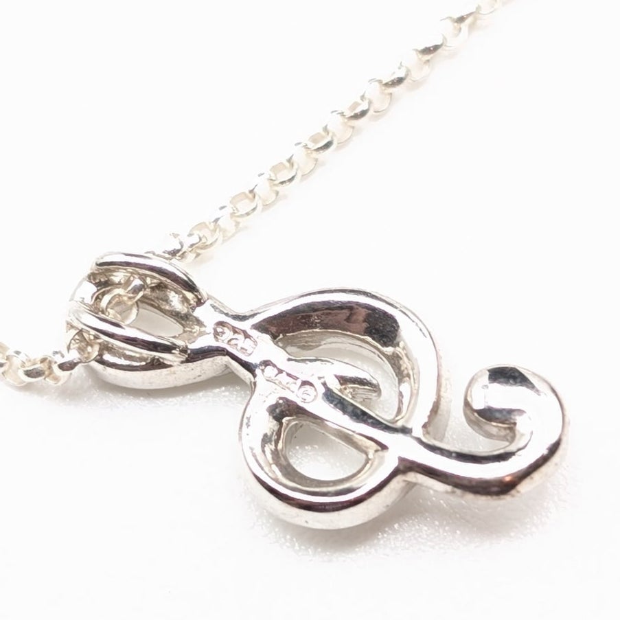 925 Italy Sterling Silver Crystal Studded Treble Clef Pendant 18" Chain Necklace