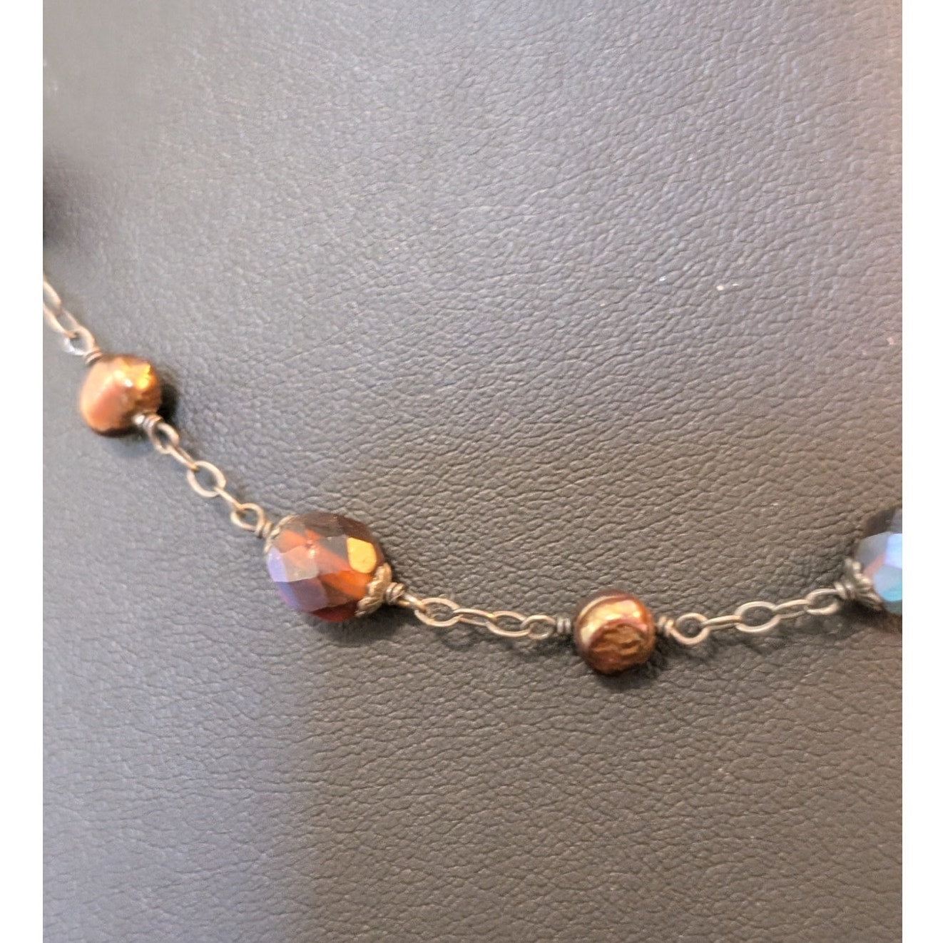 Vintage 925 Sterling Red/Brown AB Crystal Copper Pearl Bead 16"-18" Choker