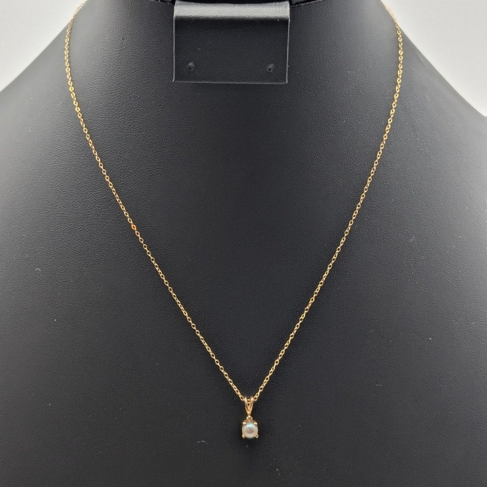 14K Yellow Gold Approx. 5mm Genuine Pearl & Diamond Pendant Chain 18" Necklace