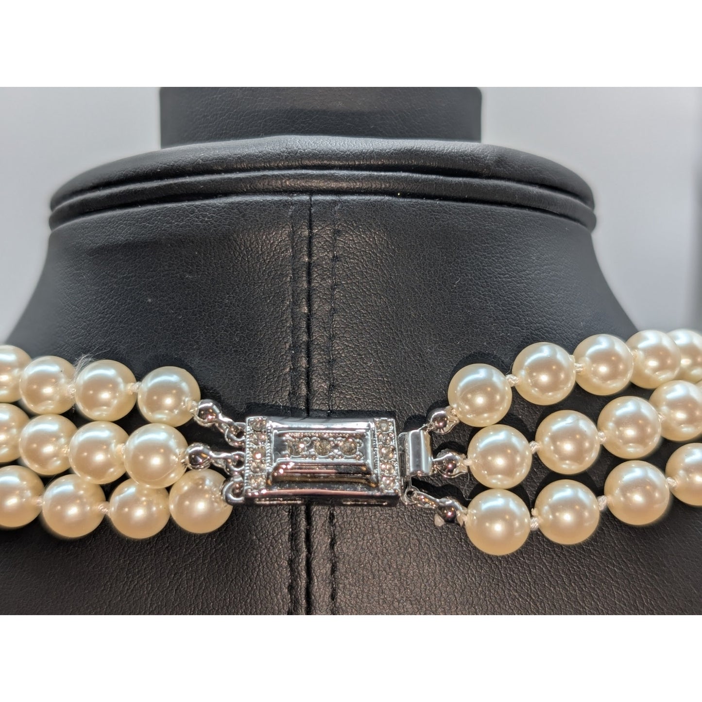 Carolee Three Strand Glass Faux Pearl Fancy Clasp Slide In 17" Necklace