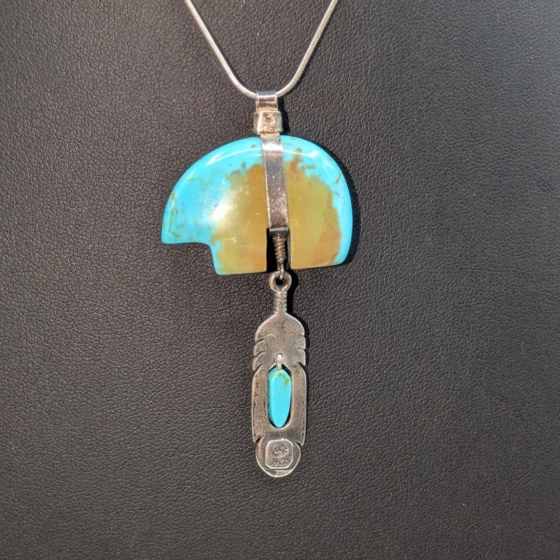 SJC Sundancer 925 Sterling Turquoise Bear Fetish Dangling Feather 16" Necklace