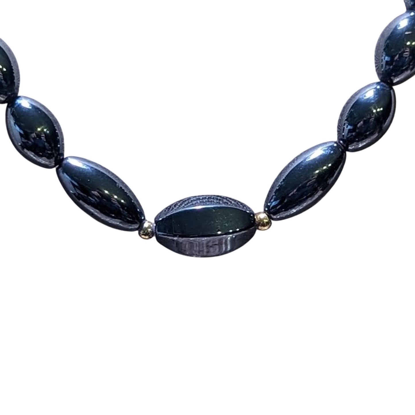Vintage Graduated Hematite and Gold Toned Bead Necklace with Barrel Clasp.