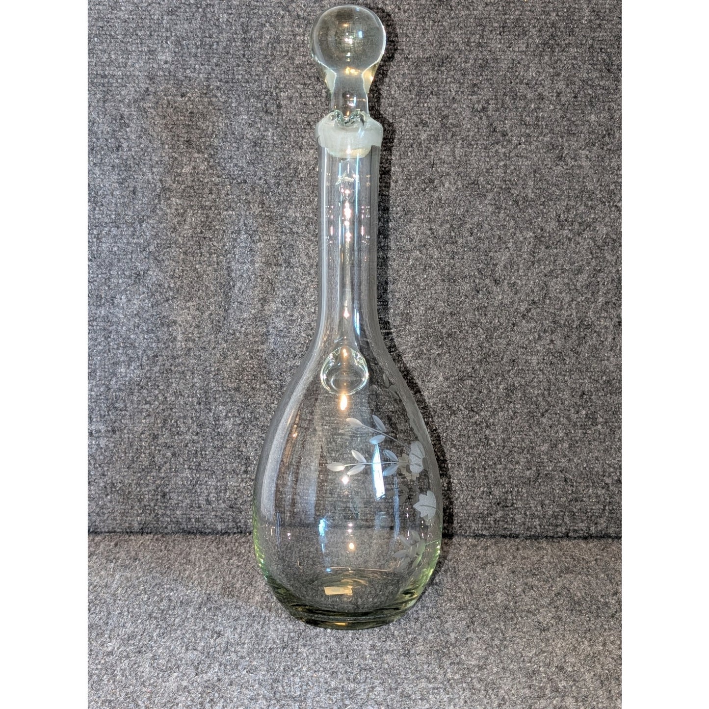 Vintage Made in Peru Floral Etched Glass Tall Decanter W/ Stopper