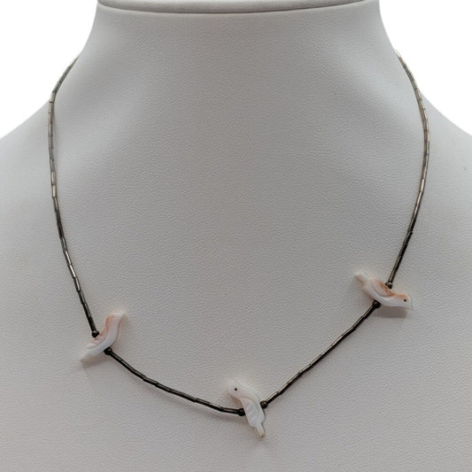 Vtg Liquid Silver Three Carved Bird Fetish 15.5" Choker Barrel Clasp Necklace