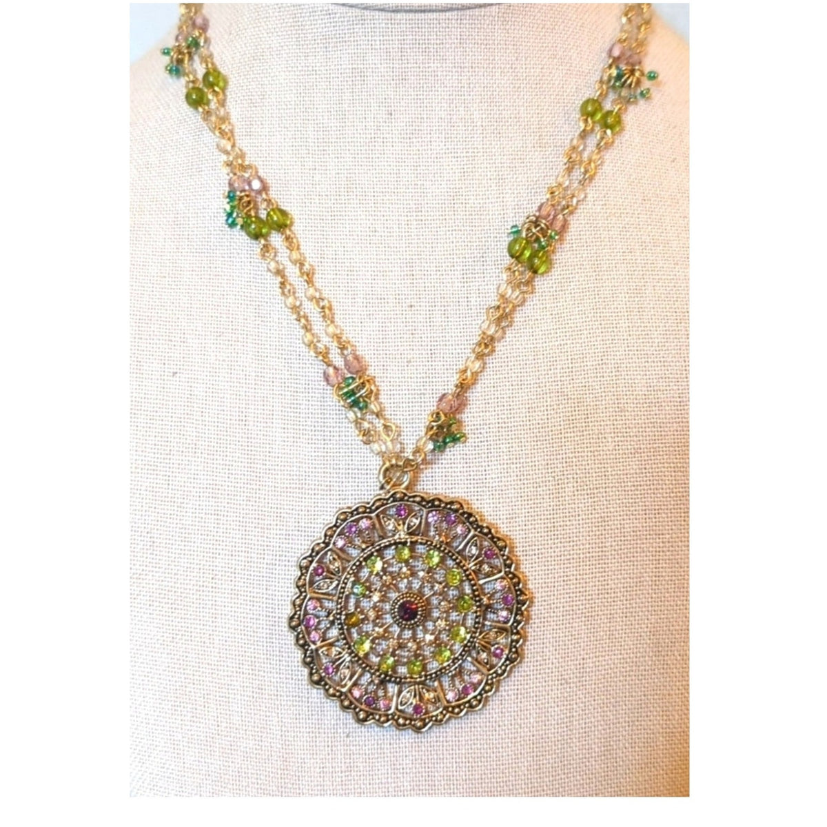 Gold Tone Double Strand Beaded Chain Pink Green Rhinestone Medallion Necklace