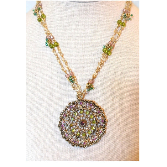 Gold Tone Double Strand Beaded Chain Pink Green Rhinestone Medallion Necklace