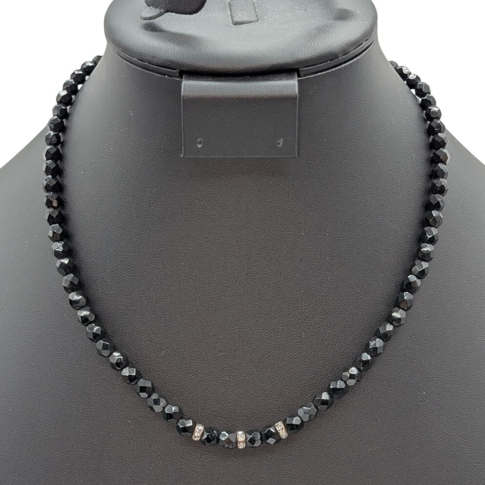 Vintage Black Faceted Glass Crystal Rondelle Bead 18.5" Necklace
